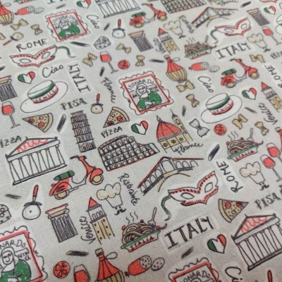 tecido com padrão ilustrativo de marcos e elementos italianos coloridos