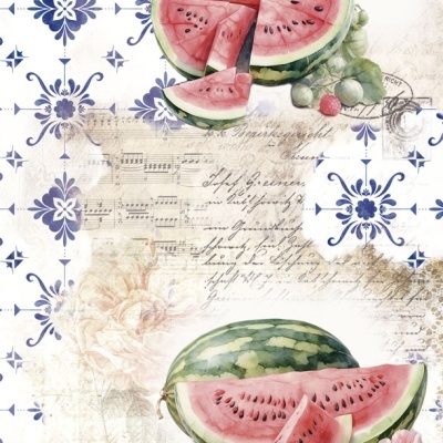 Ilustração de melancias com padrão azulejo azul e branco e elementos decorativos