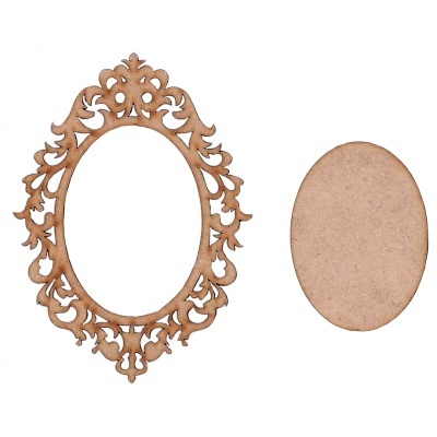 Moldura oval decorativa de madeira com padrão floral e peça oval plana em madeira