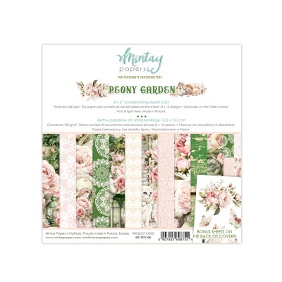 Conjunto de papel de scrapbook Peony Garden com padrões florais e cores verde, rosa e creme