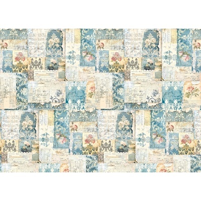 Papel de parede patchwork vintage azul e bege com flores e texto.
