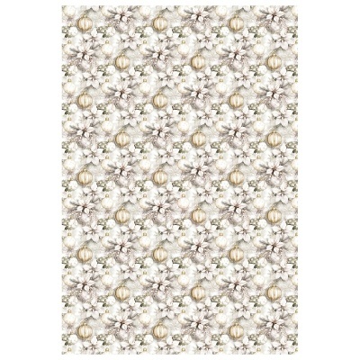Papel de embrulho com flores de Natal brancas e bolas douradas e brancas