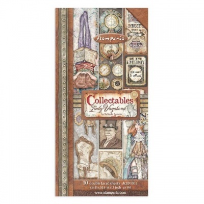 Folhas decorativas vintages coletáveis Lady Vagabond da Stamperia com vários desenhos detalhados e texto informativo.