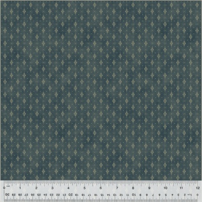 Tecido azul escuro com padrão pequeno branco e régua para medir.