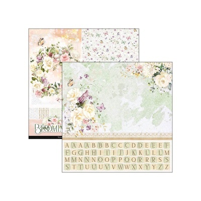 Folhas decorativas de scrapbooking com flores, borboletas e alfabeto com letras maiúsculas.