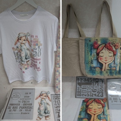 Camisola branca com estampa de coelho e duas bolsas de tecido bege com ilustração de rapariga.