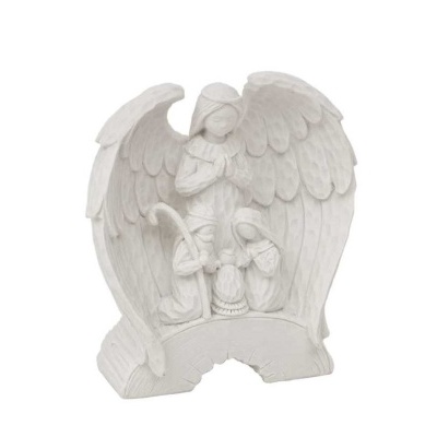 Escultura branca de anjo com figuras ajoelhadas e bebé, material cerâmico ou resina