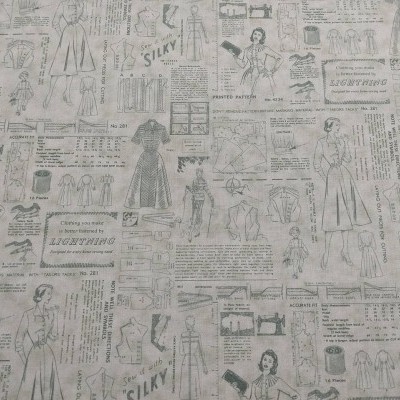 Tecido branco com padrão vintage de moda e costura em preto