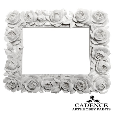 Moldura branca retangular com flores 3D em relevo e texto CADENCE ART&HOBBY PAINTS