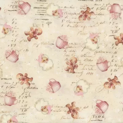 Tecido bege com padrões de bonecos, ovelhas, chávenas cor-de-rosa e texto manuscrito.