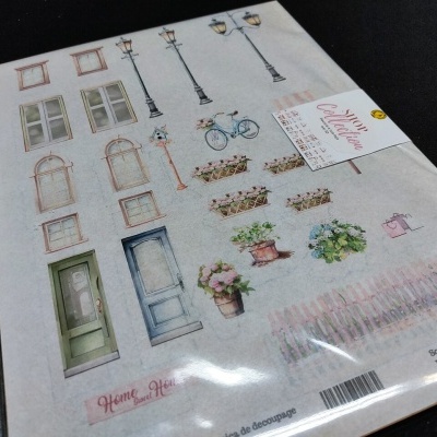 Folha de autocolantes decorativos com desenhos de portas, janelas, candeeiros e plantas.