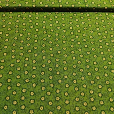 Tecido verde com padrão de pequenas flores amarelas