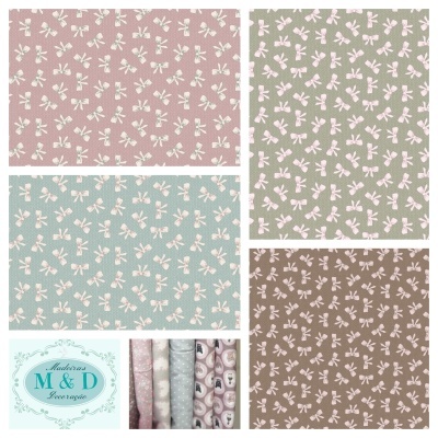 Tecidos com padrão de laços brancos em várias cores e logotipo da marca M & D Decorações