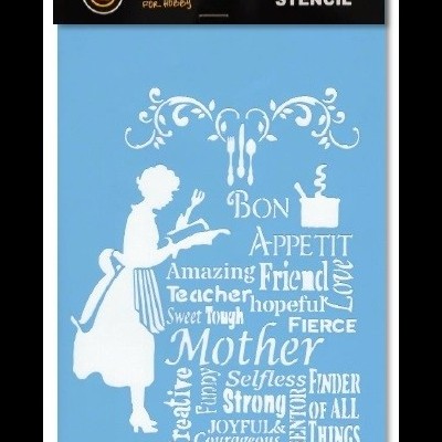 Estêncil azul com desenho branco de mulher e palavras em inglês relacionadas a mãe e cozinha