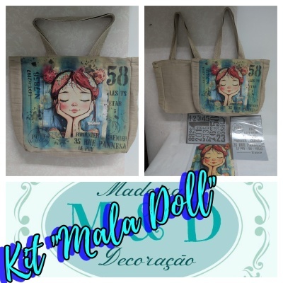 Saco de tecido bege com estampa de menina de cabelo vermelho e texto em francês