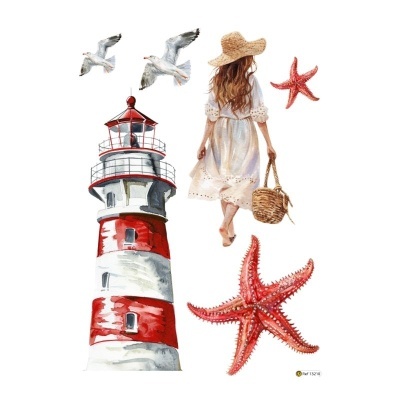 Farol listrado branco e vermelho, menina com vestido branco e chapéu, e estrelas-do-mar vermelhas