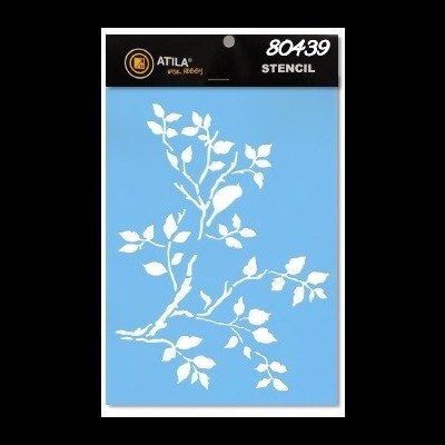 Stencil azul com padrão de ramos e folhas em embalagem preta com texto ATILA pro. hobby 80439 STENCIL