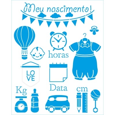 Elementos gráficos azuis para nascimento de bebé com texto em português.