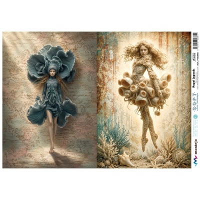 Imagem artística de duas mulheres com trajes texturizados e adereços em tons de azul e bege com padrões de pétalas e cogumelos.