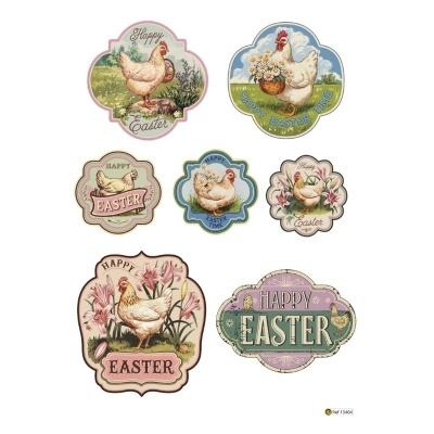 Autocolantes vintage de Páscoa com galinhas e texto decorativo em várias formas e cores suaves.