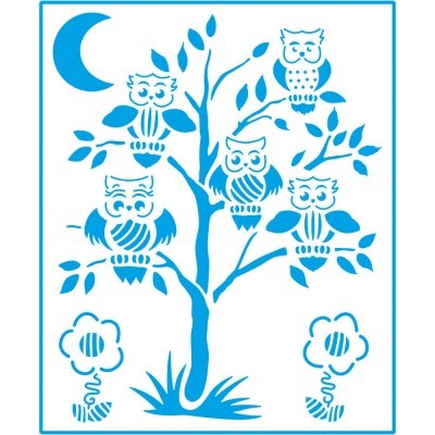 Desenho azul de árvore com corujas e flores sobre fundo branco