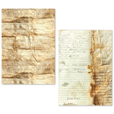 Documentos antigos com escrita manuscrita em papel amarelo e vincado