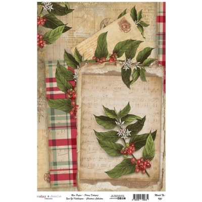 Papel decorativo vintage com folhas, bagas vermelhas e padrões xadrez