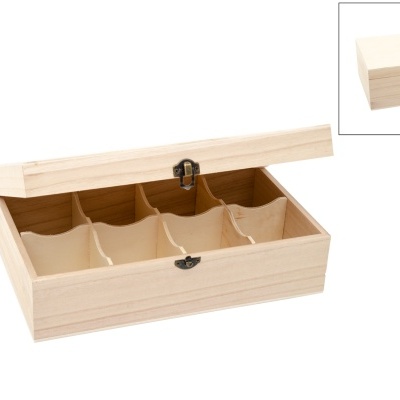 Caixa organizadora de madeira clara com oito compartimentos e fecho metálico.