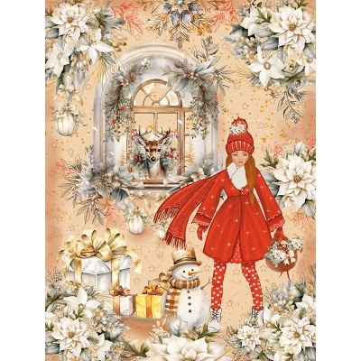 Ilustração festiva de rapariga em vermelho com boneco de neve, presentes, veado e flores brancas