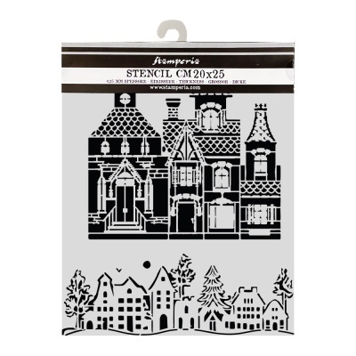 Stencil de casas e árvores, 20x25 cm, marca Stamperia