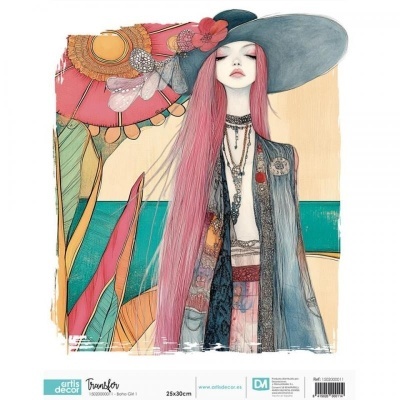 Ilustração artística feminina com cabelo rosa, chapéu azul e roupa boho em fundo colorido abstrato.