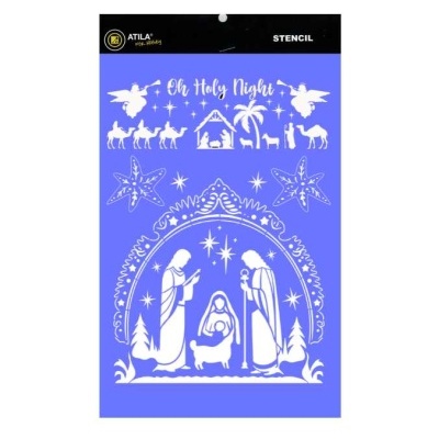 Estêncil azul com cenas natalícias e texto Oh Holy Night