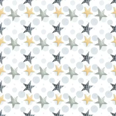 Padrão repetitivo de estrelas coloridas e círculos cinzentos num fundo branco