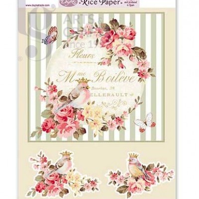 Papel de arroz com padrão floral, pássaros, borboletas e texto em francês