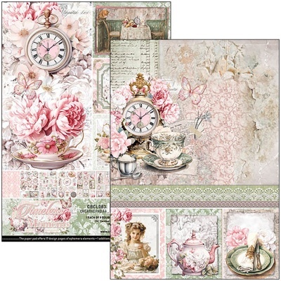 Papel decorativo vintage com flores, relógio de bolso rosa e chávenas de chá