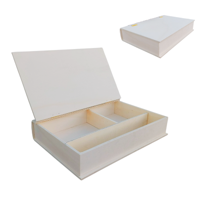 Caixa branca de madeira com tampa aberta mostrando compartimentos internos.