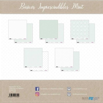 Conjuntos de papéis decorativos em tons de verde menta e branco com padrões variados e título Básicos Imprescindibles Mint