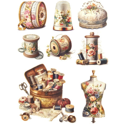 Artigos vintage para costura com padrões florais em fundo branco