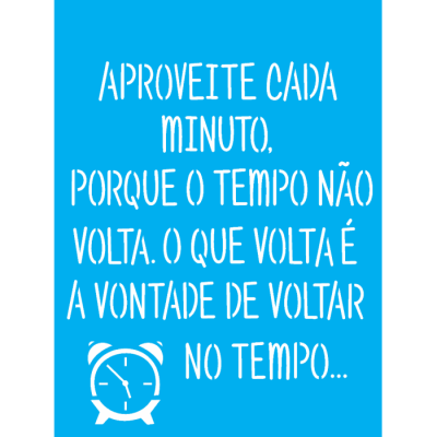 Texto branco sobre fundo azul com citação sobre o tempo e ícone de relógio