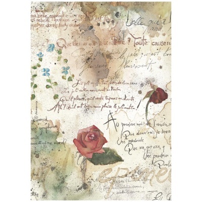 Papel manchado com ilustrações de rosas e texto manuscrito em francês.