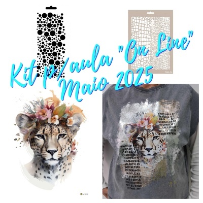 Conjunto stencil padrão bolinhas, padrão textura pele e t-shirt cinzenta com estampa guepardo com coroas de flores e texto
