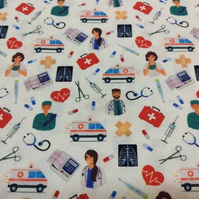Tecido branco com padrão médico repetido com desenhos coloridos
