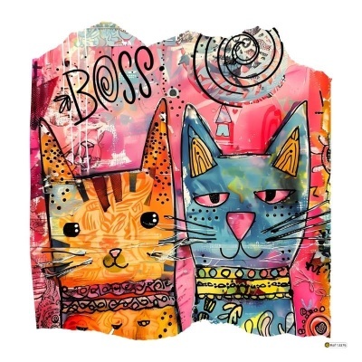 Impressão artística colorida com dois gatos estilizados e texto BOSS