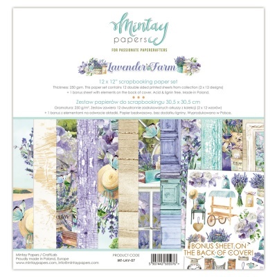 Folhas de papel para scrapbook com padrões florais de lavanda e elementos de jardim