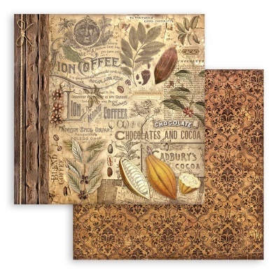 Papel decorativo com estampas vintage de café e cacau em tons castanho e bege