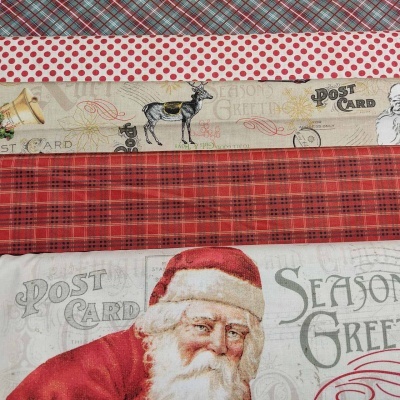 Tecidos Natal com padrões diversos, Pai Natal, texto Season Greetings