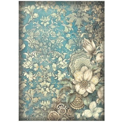 Papel de parede azul com padrão floral vintage e detalhes de engrenagens douradas