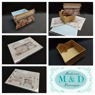 Caixas de madeira decorativas com padrão arquitetónico antigo, instruções e embalagem de cartão, logótipo Madeiras M & D Decoração.