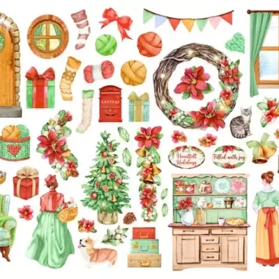 Ilustração de vários elementos natalícios como presentes, árvore, guirlandas, pessoas vestidas tradicionalmente, animais e decoração interior e exterior.