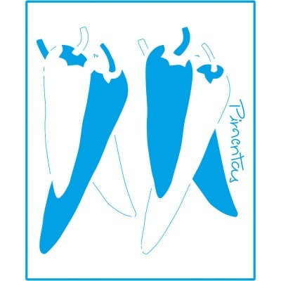 Desenho de quatro pimentos azuis e brancos com a palavra 'Pimentos'